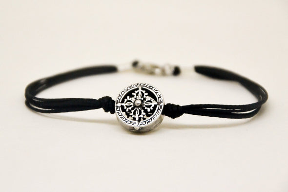 Silver circle bracelet for men, black cord - shani-adi-jewerly