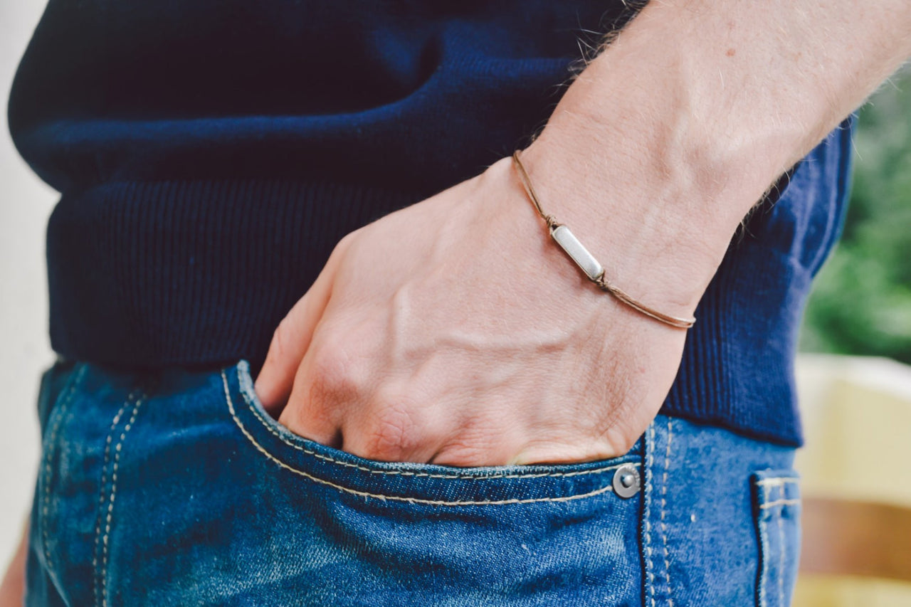 Men's bracelet with a silver rectangle bead, Brown cord - shani-adi-jewerly