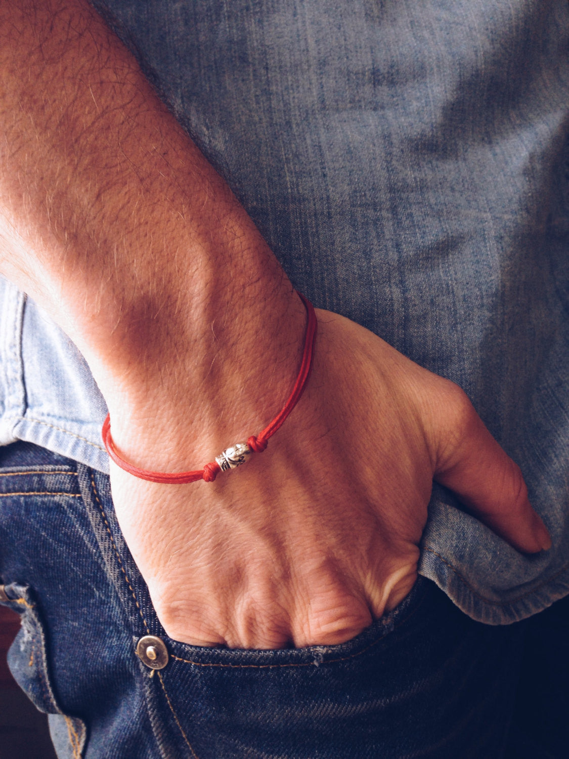 Skull bracelet for men, red cord - shani-adi-jewerly