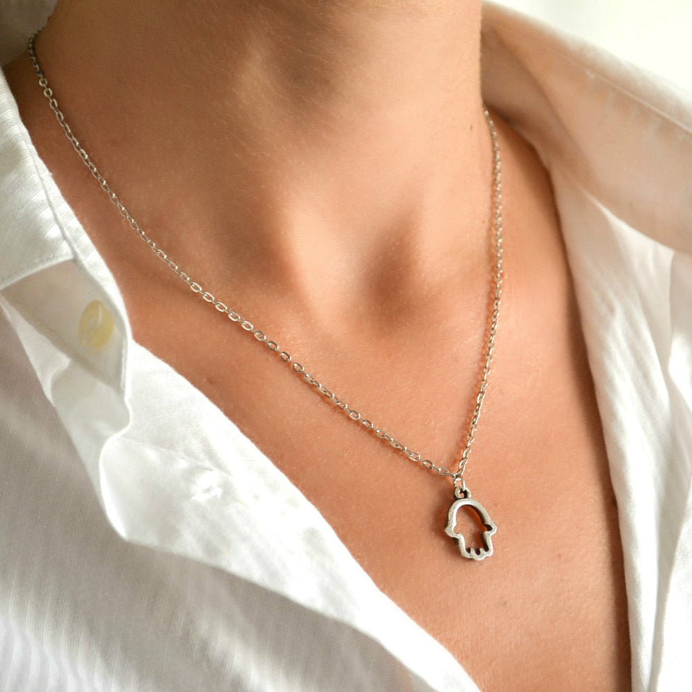 Silver Hamsa, stainless steel chain necklace for woman - shani-adi-jewerly
