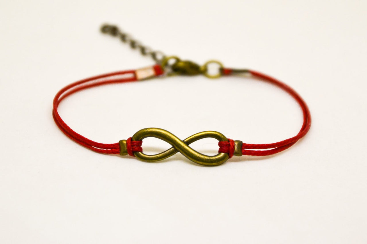Red cord bracelet with a bronze endless infinity charm - shani-adi-jewerly