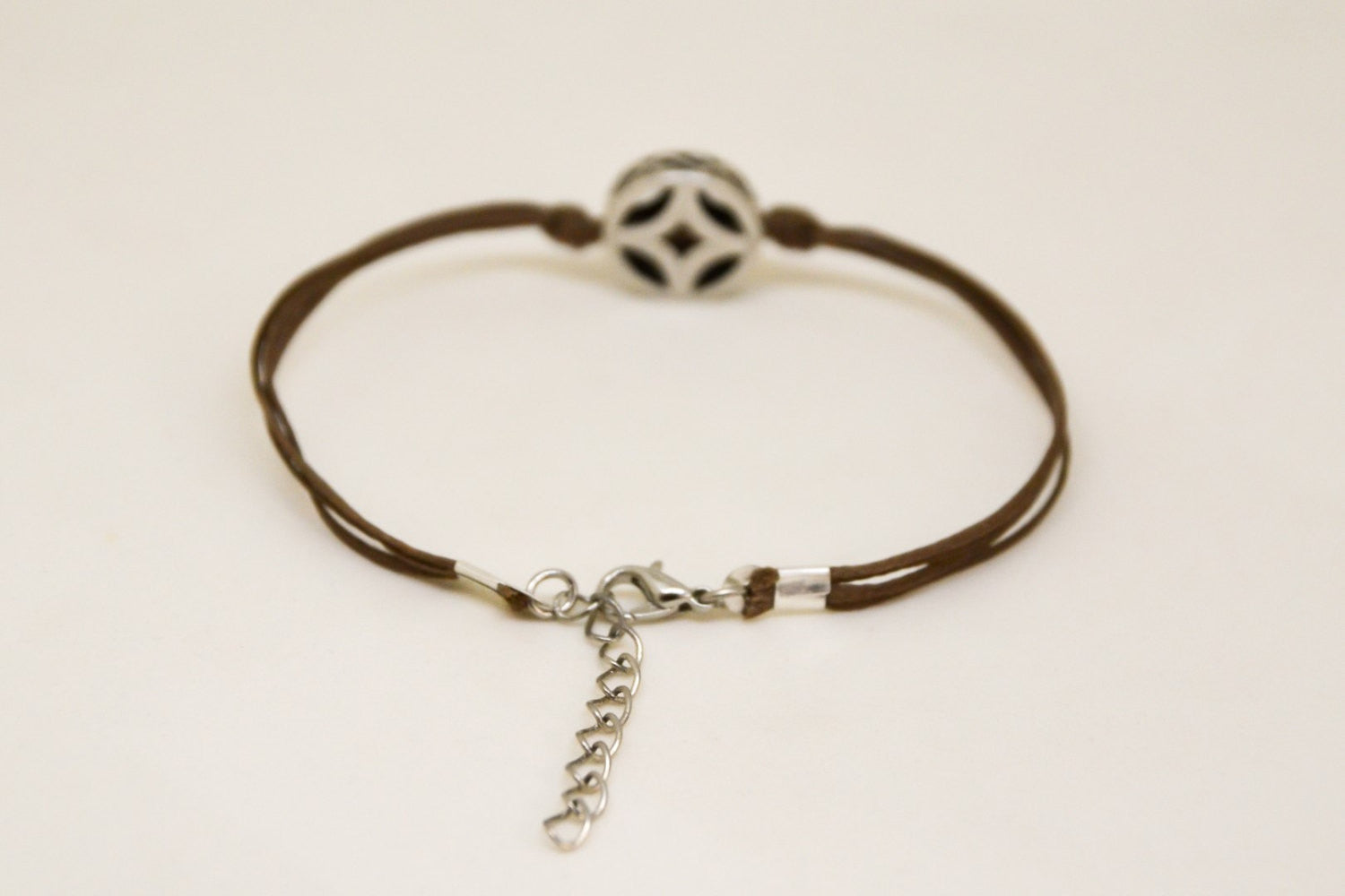 Brown cord bracelet with decorated silver circle bead charm - shani-adi-jewerly