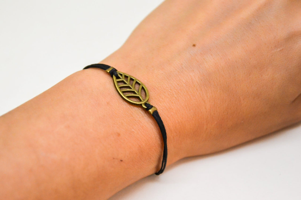 Black leaf bracelet, black cord - shani-adi-jewerly