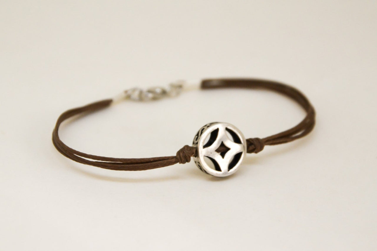 Silver circle bracelet for men, brown cord - shani-adi-jewerly