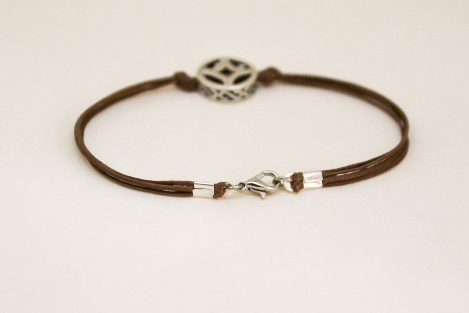 Silver circle bracelet for men, brown cord - shani-adi-jewerly