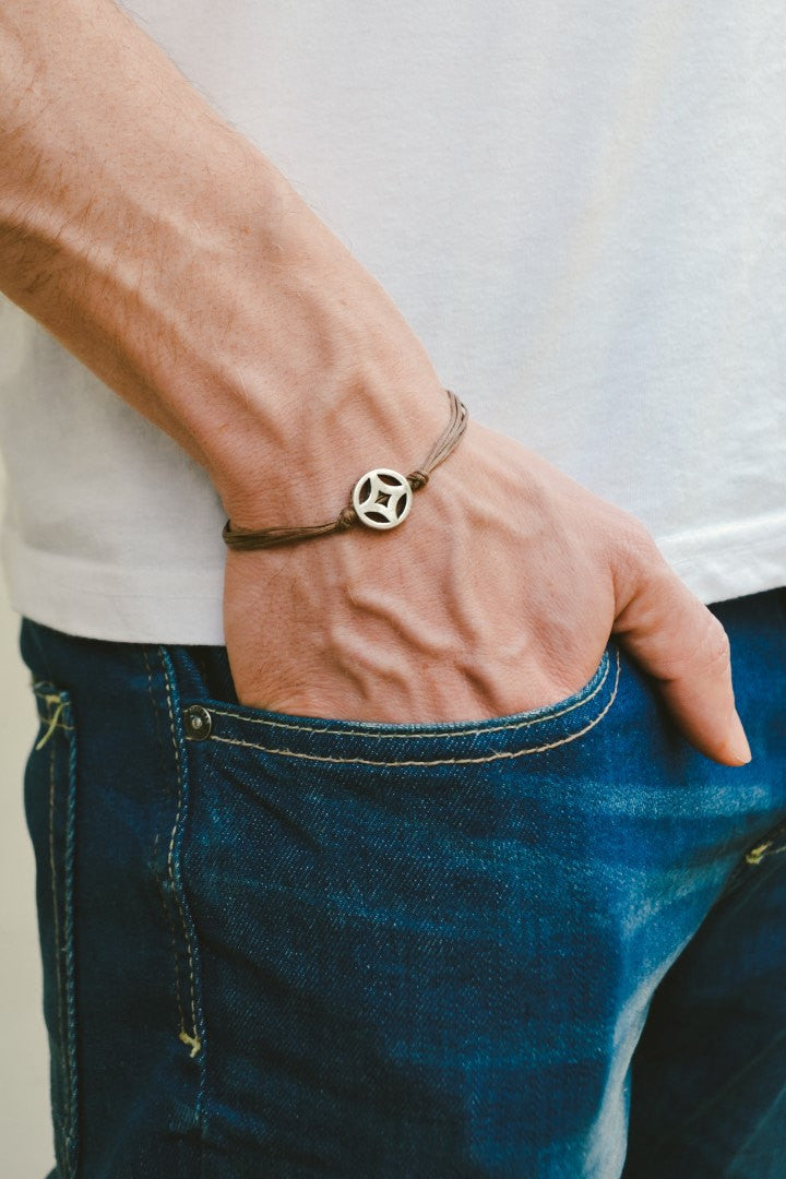 Silver circle bracelet for men, brown cord - shani-adi-jewerly
