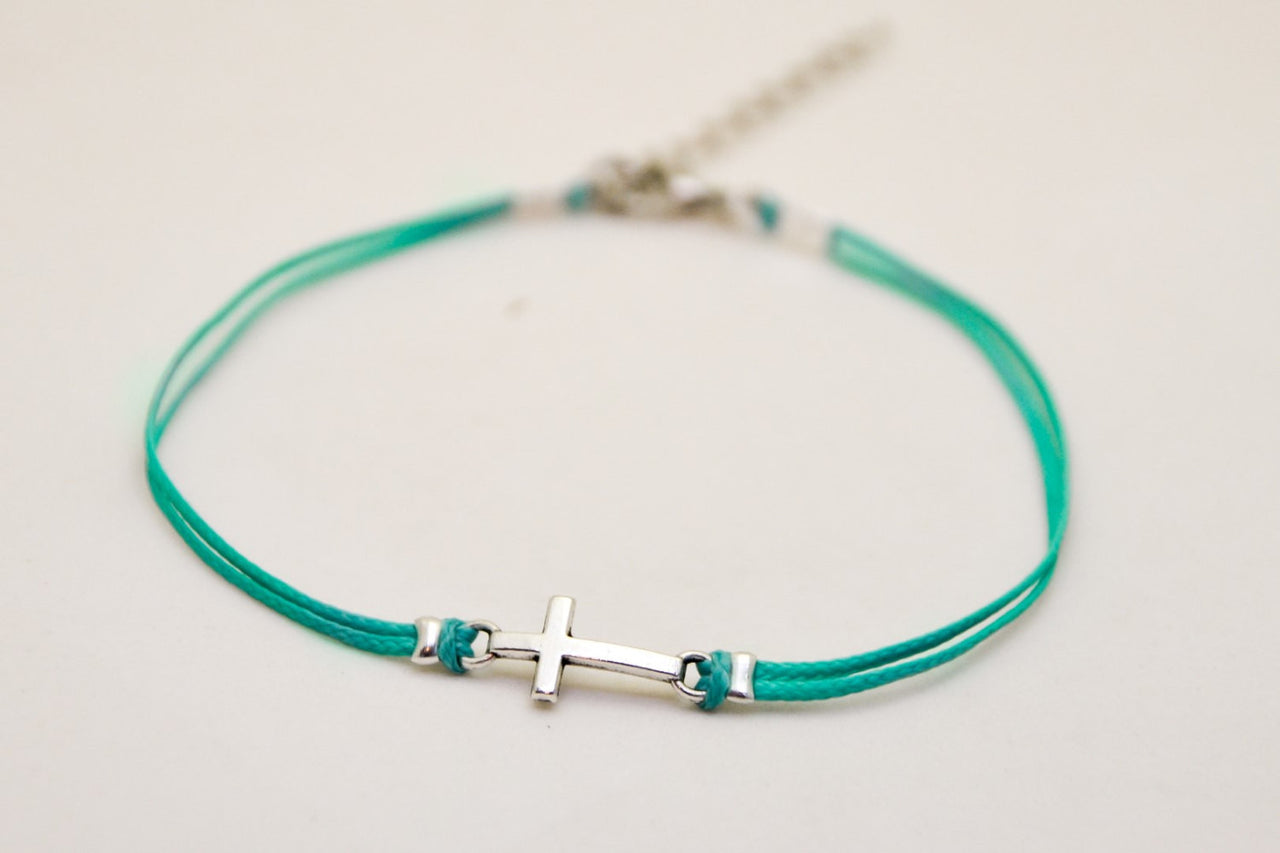Cross anklet, turquoise cord - shani-adi-jewerly