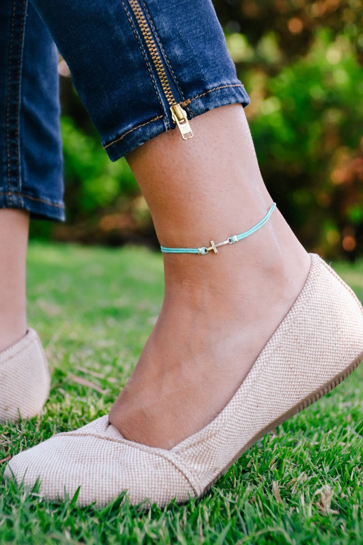 Cross anklet, turquoise cord - shani-adi-jewerly
