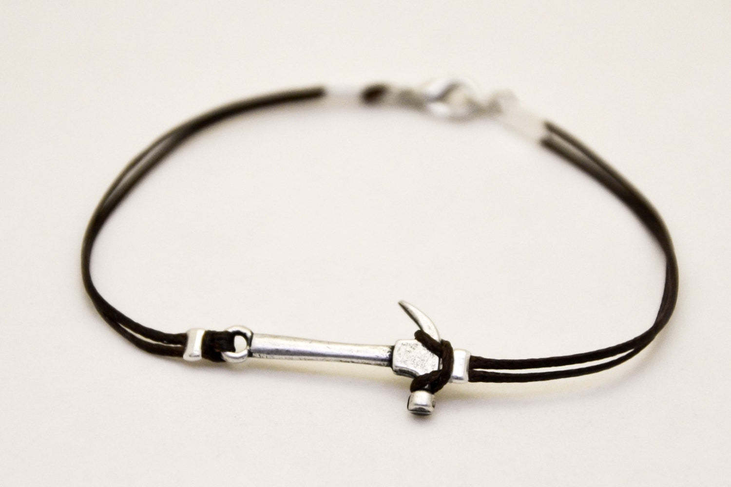 Silver hammer bracelet for men, brown cords - shani-adi-jewerly