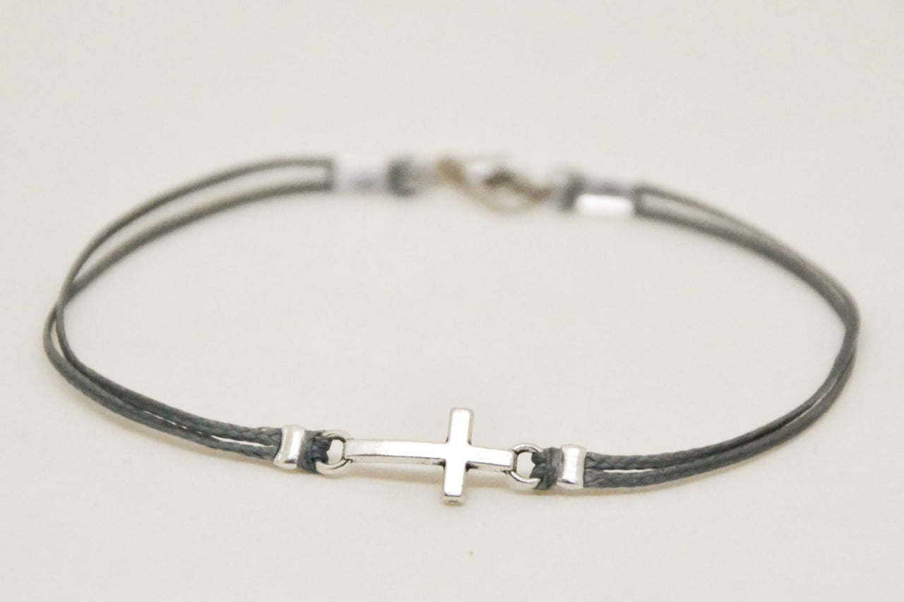 Cross bracelet for men, gray cord - shani-adi-jewerly