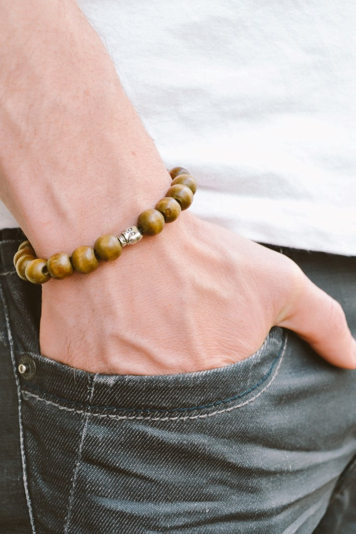 Silver skull bracelet for men, wood beads men's gothic jewelry - shani-adi-jewerly