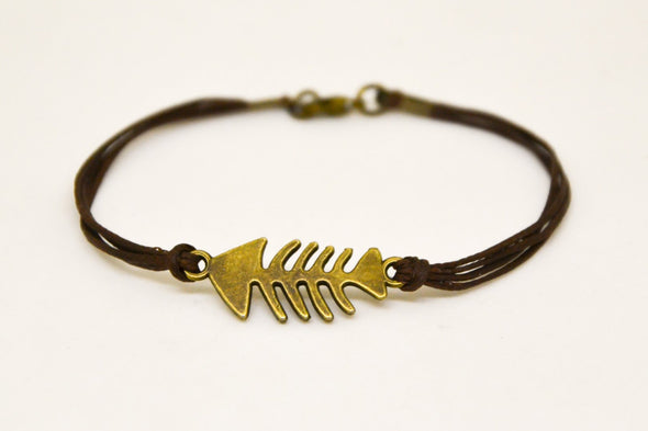 Bronze fish bones bracelet for men, brown cord - shani-adi-jewerly