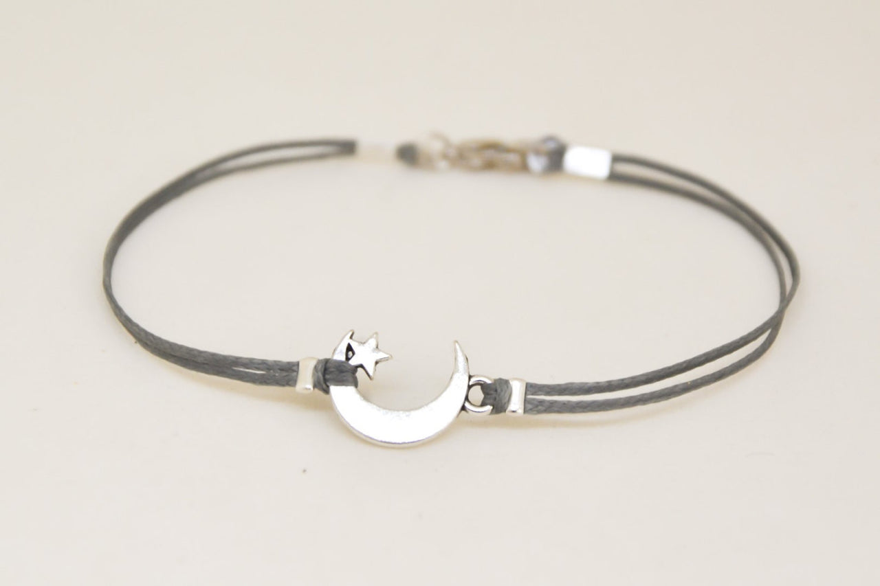 Silver crescent moon charm, gray cord - shani-adi-jewerly