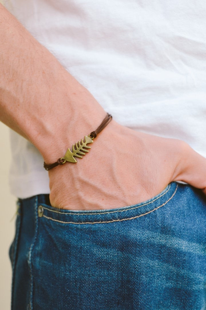 Bronze fish bones bracelet for men, brown cord - shani-adi-jewerly