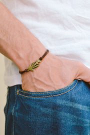 Bronze fish bones bracelet for men, brown cord - shani-adi-jewerly
