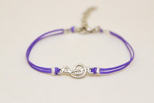 Purple cord bracelet with a silver Treble clef charm - shani-adi-jewerly