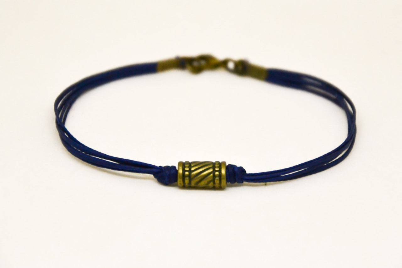 Bronze tube bracelet for men, blue cord - shani-adi-jewerly