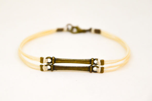 Double bronze bars bracelet for men, beige cord - shani-adi-jewerly