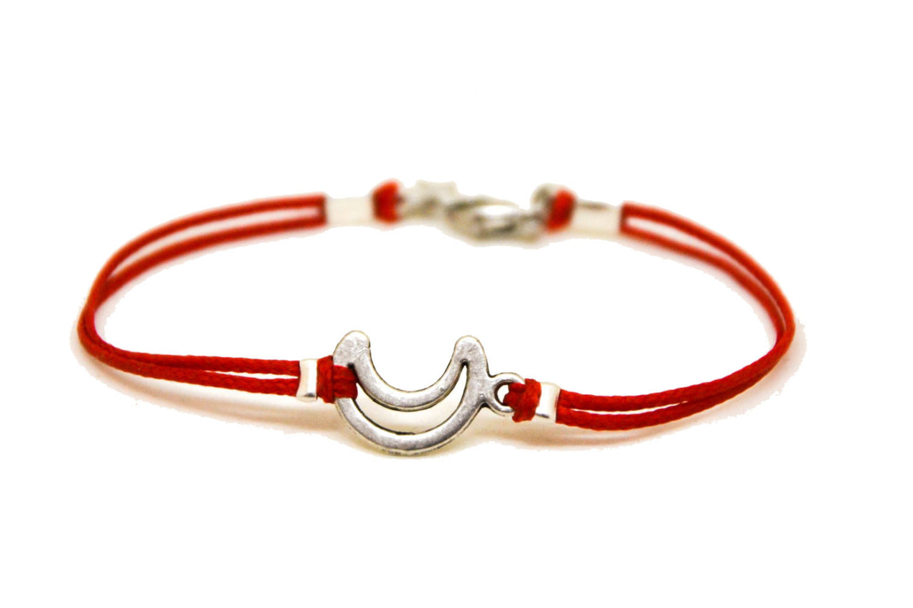 Silver crescent moon bracelet for men, red cord - shani-adi-jewerly