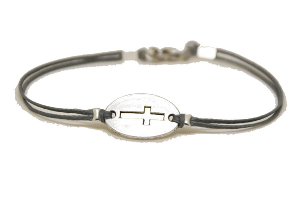 Silver Cross bracelet for men, gray cord, - shani-adi-jewerly