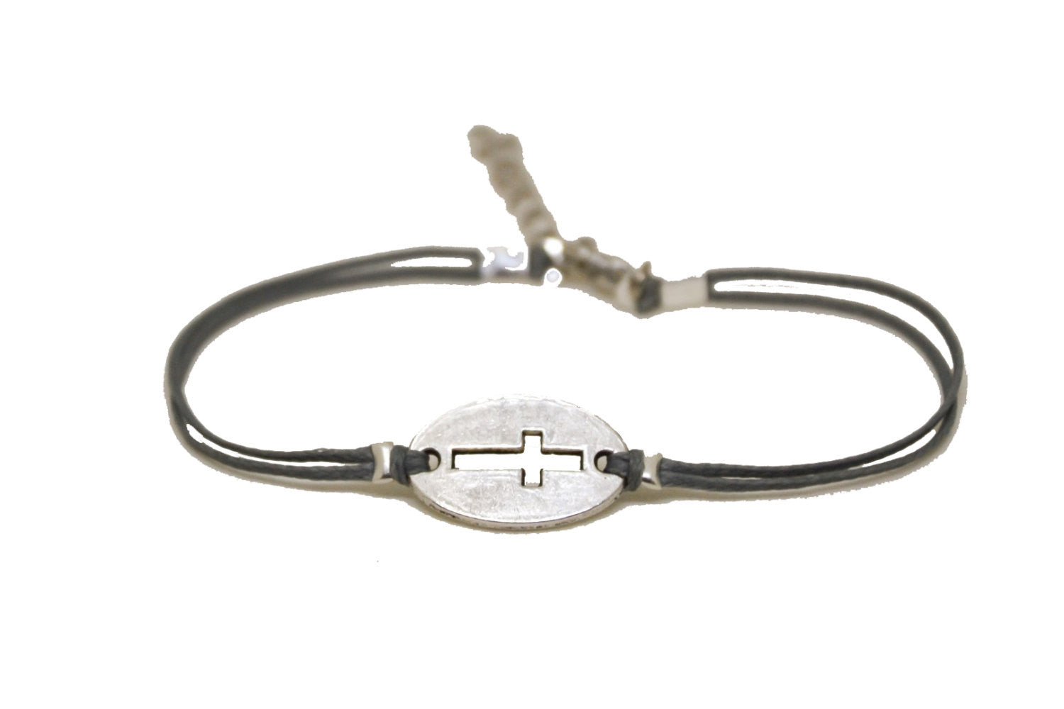 Women bracelet with silver cross round charm, Gray cord - shani-adi-jewerly