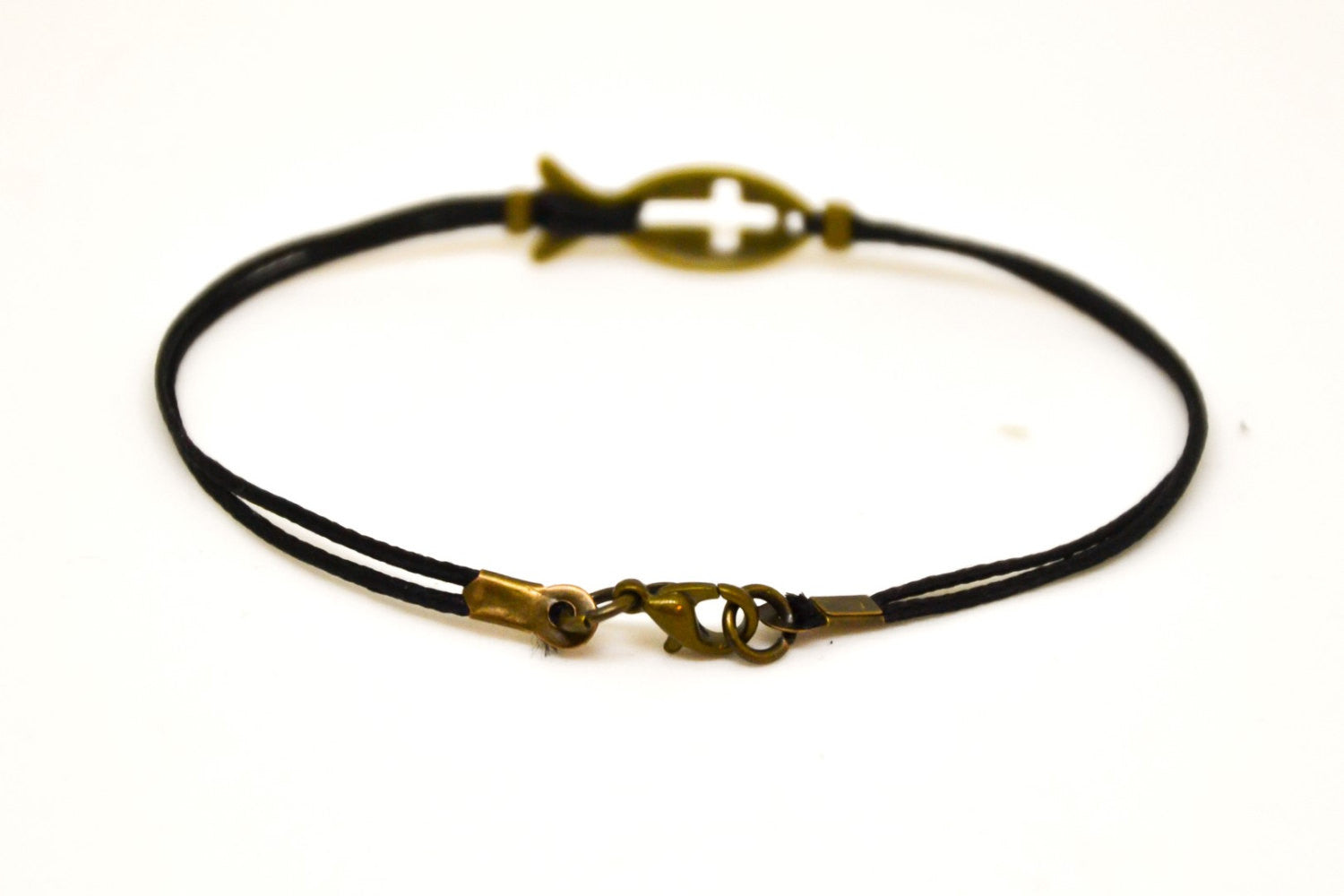Cross fish bracelet for men, black cord - shani-adi-jewerly