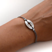 Women bracelet with silver cross round charm, Gray cord - shani-adi-jewerly