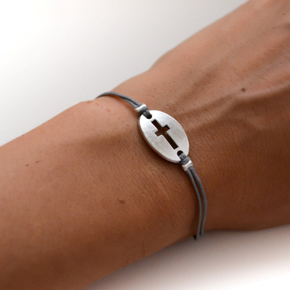 Women bracelet with silver cross round charm, Gray cord - shani-adi-jewerly
