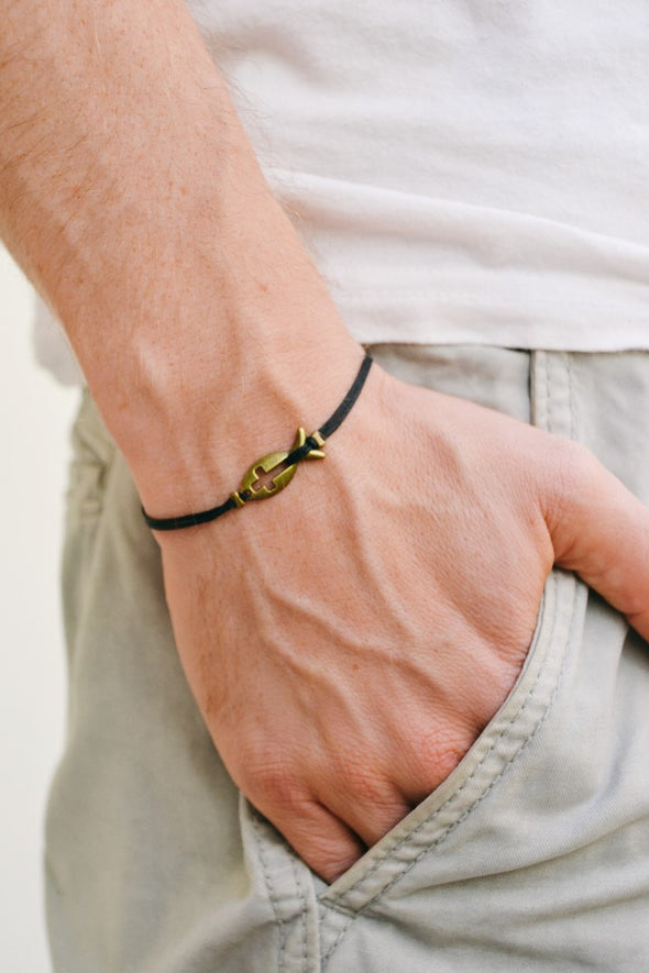 Cross fish bracelet for men, black cord - shani-adi-jewerly