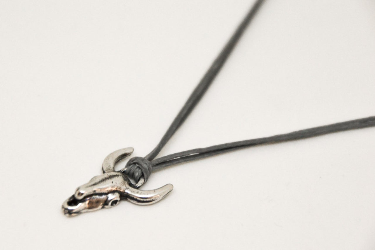 Bull's head necklace for men, gray cord, - shani-adi-jewerly