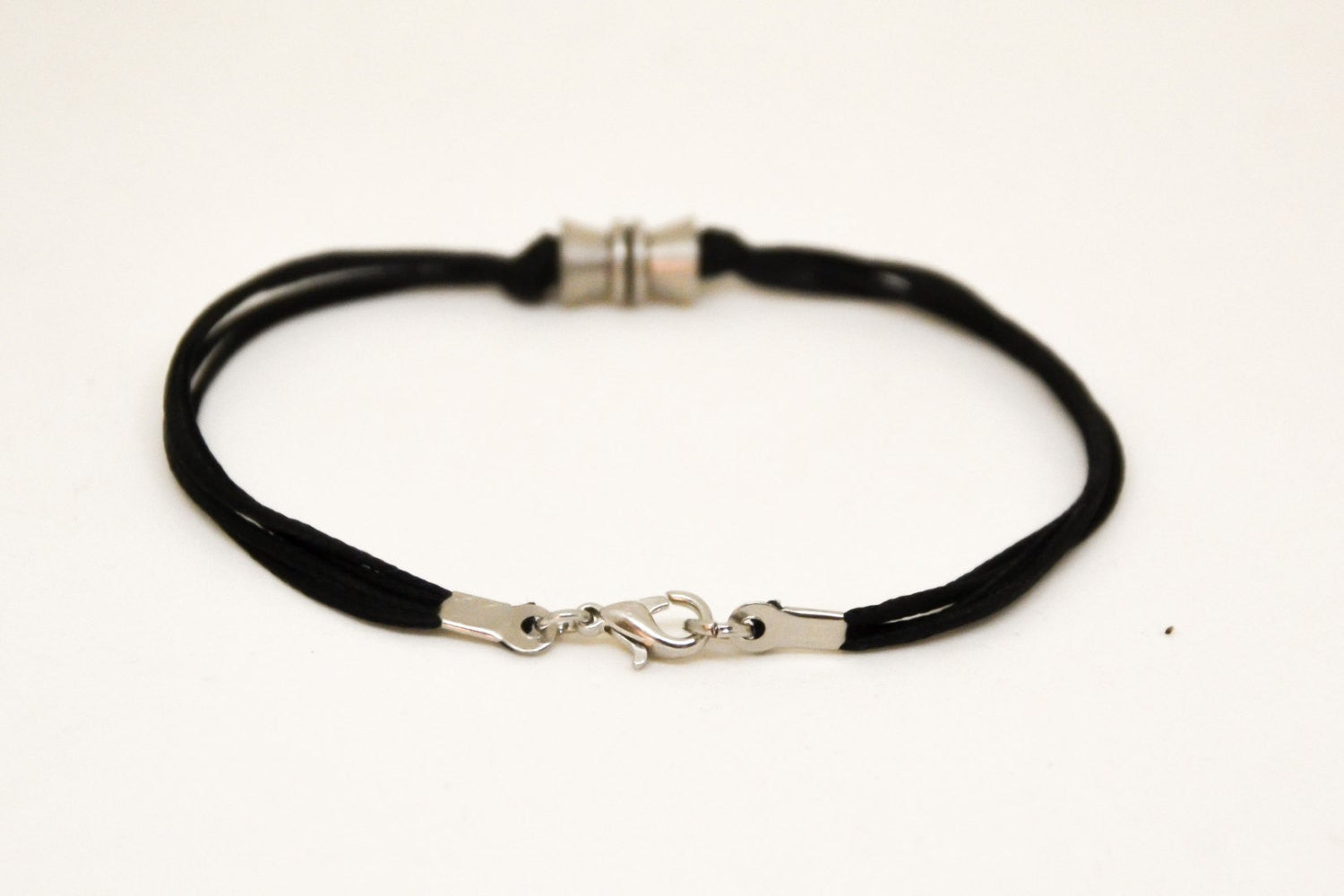 Black cord bracelets for men, silver tube charm for him - shani-adi-jewerly