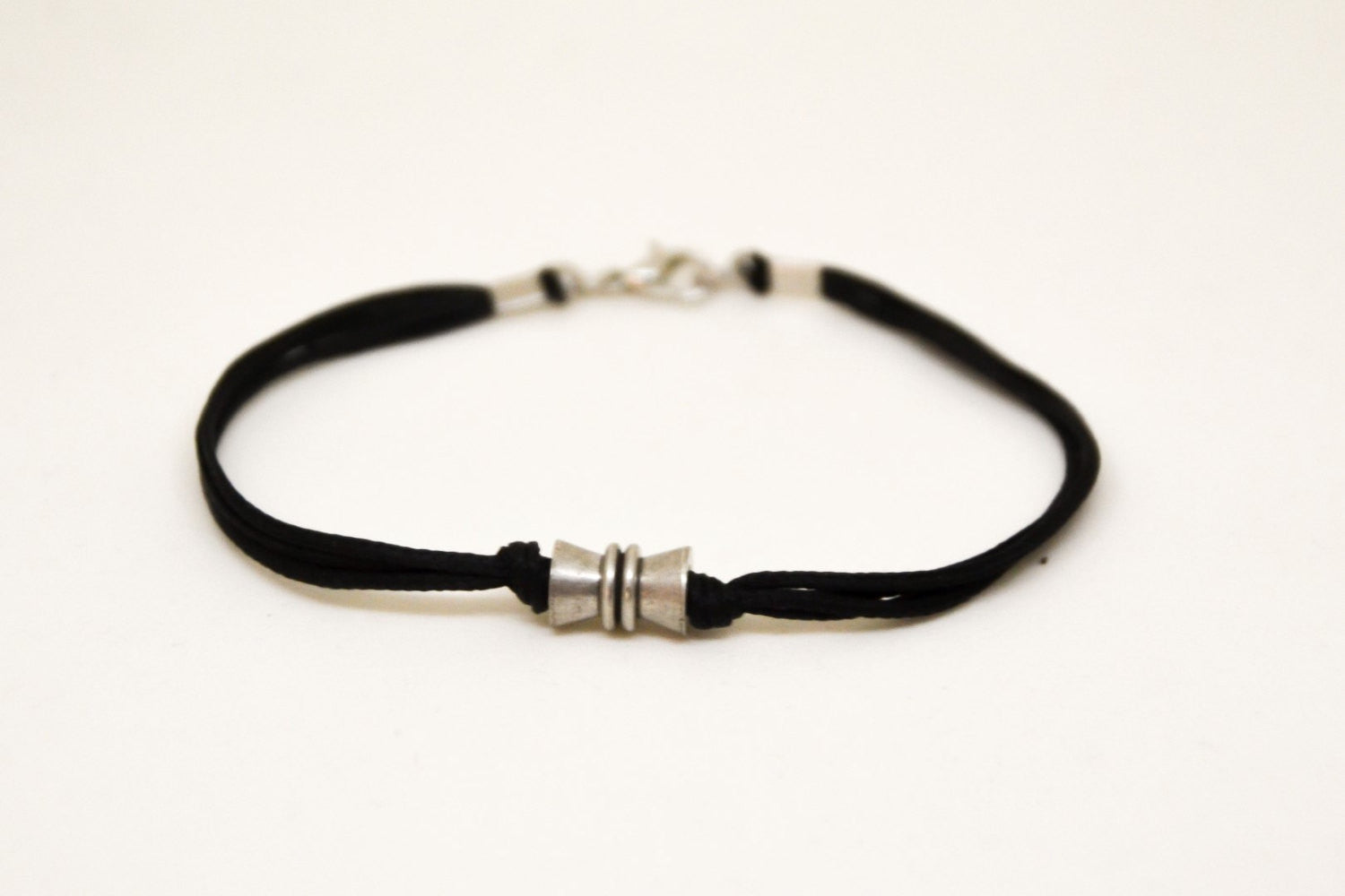 Black cord bracelets for men, silver tube charm for him - shani-adi-jewerly