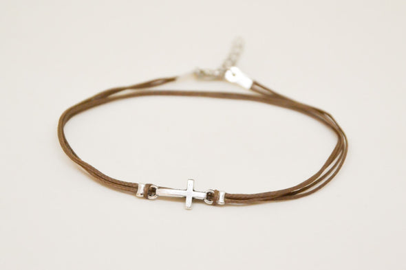 Ankle bracelet with silver cross charm, womens brown anklet - shani-adi-jewerly