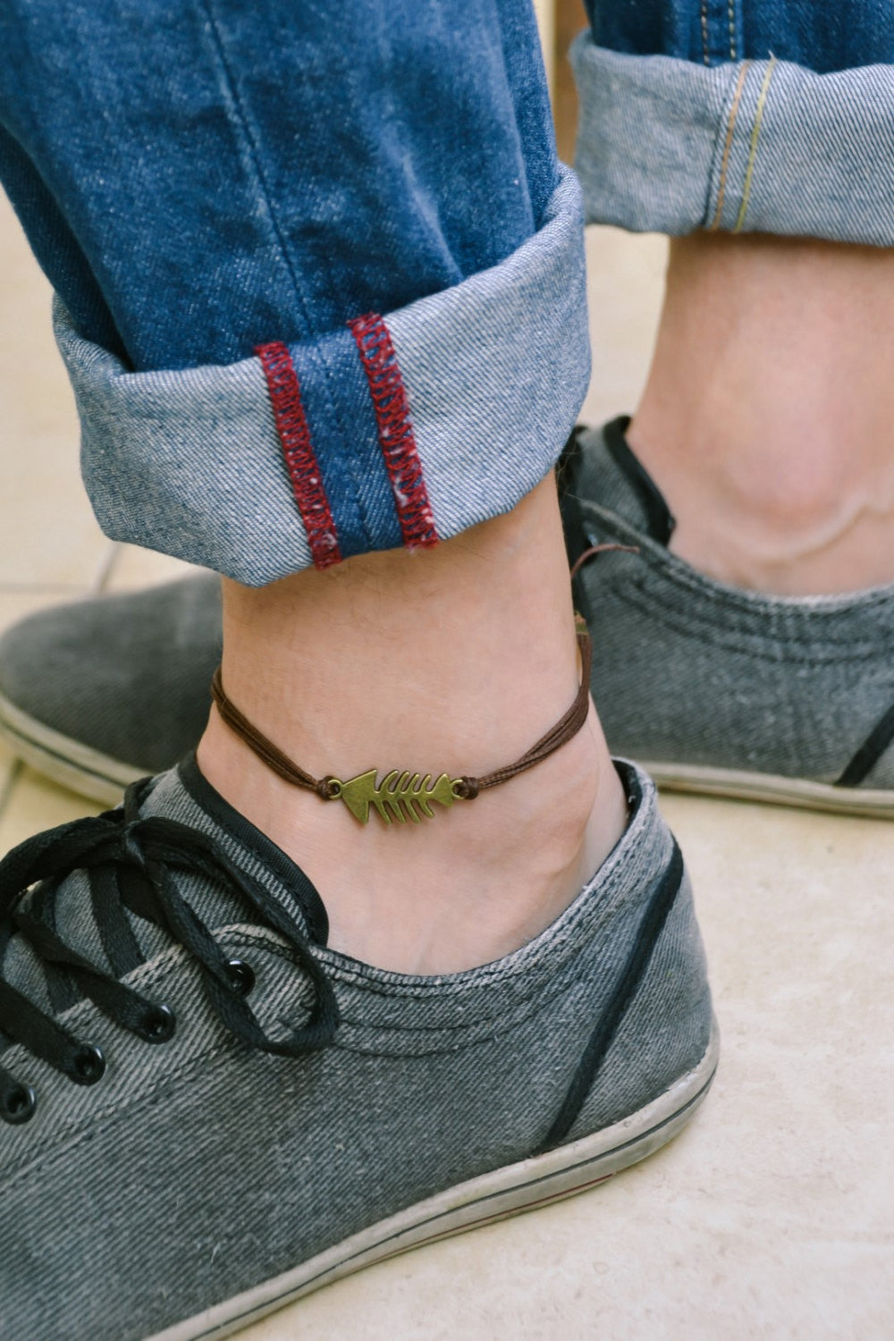 Fish bones anklet for men, brown cord - shani-adi-jewerly