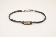 Silver tube bracelet for men, gray cord - shani-adi-jewerly