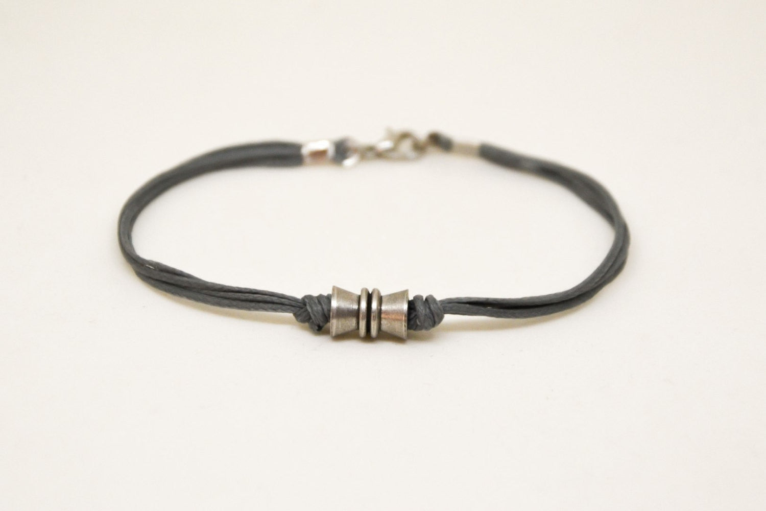 Silver tube bracelet for men, gray cord - shani-adi-jewerly