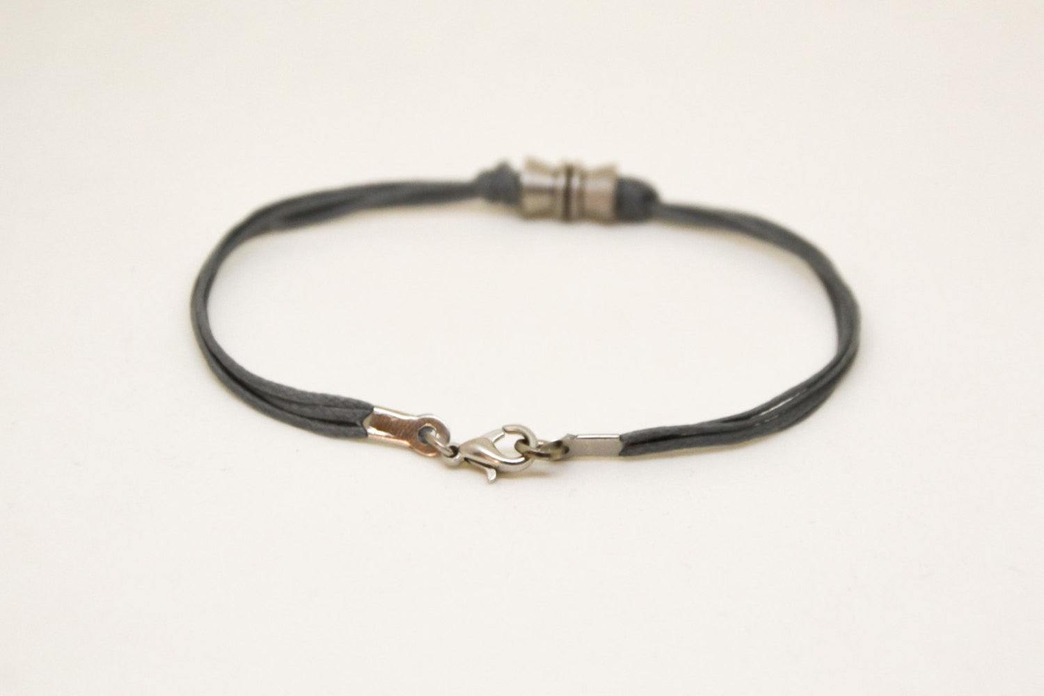 Silver tube bracelet for men, gray cord - shani-adi-jewerly