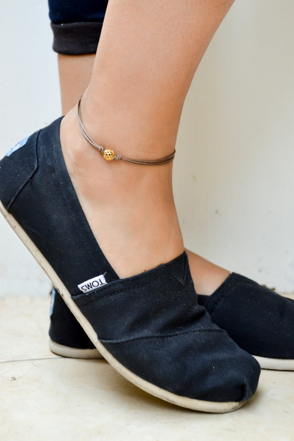Brown ankle bracelet with matt gold ball bead charm - shani-adi-jewerly