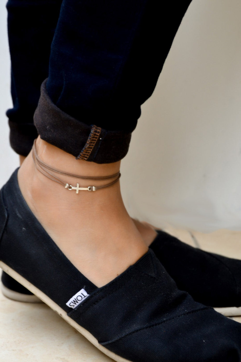 Ankle bracelet with silver cross charm, womens brown anklet - shani-adi-jewerly
