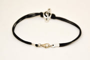 Silver Treble clef bracelet for men, black cords - shani-adi-jewerly