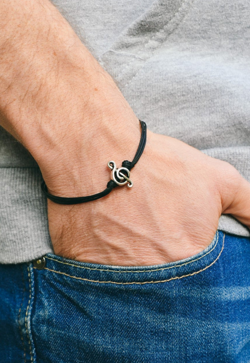 Silver Treble clef bracelet for men, black cords - shani-adi-jewerly