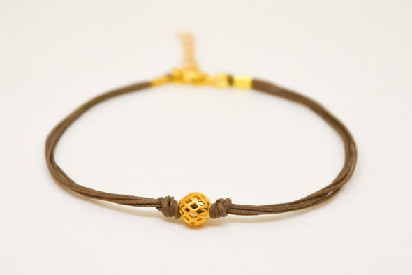 Gold ball bracelet, brown cord - shani-adi-jewerly