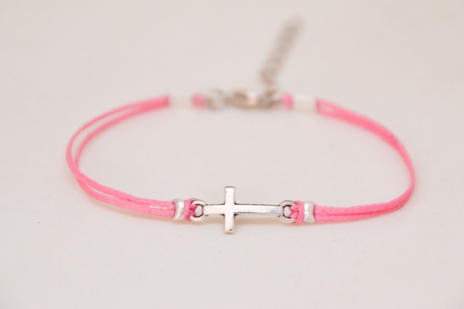 Women bracelet with silver cross charm with pink cord - shani-adi-jewerly