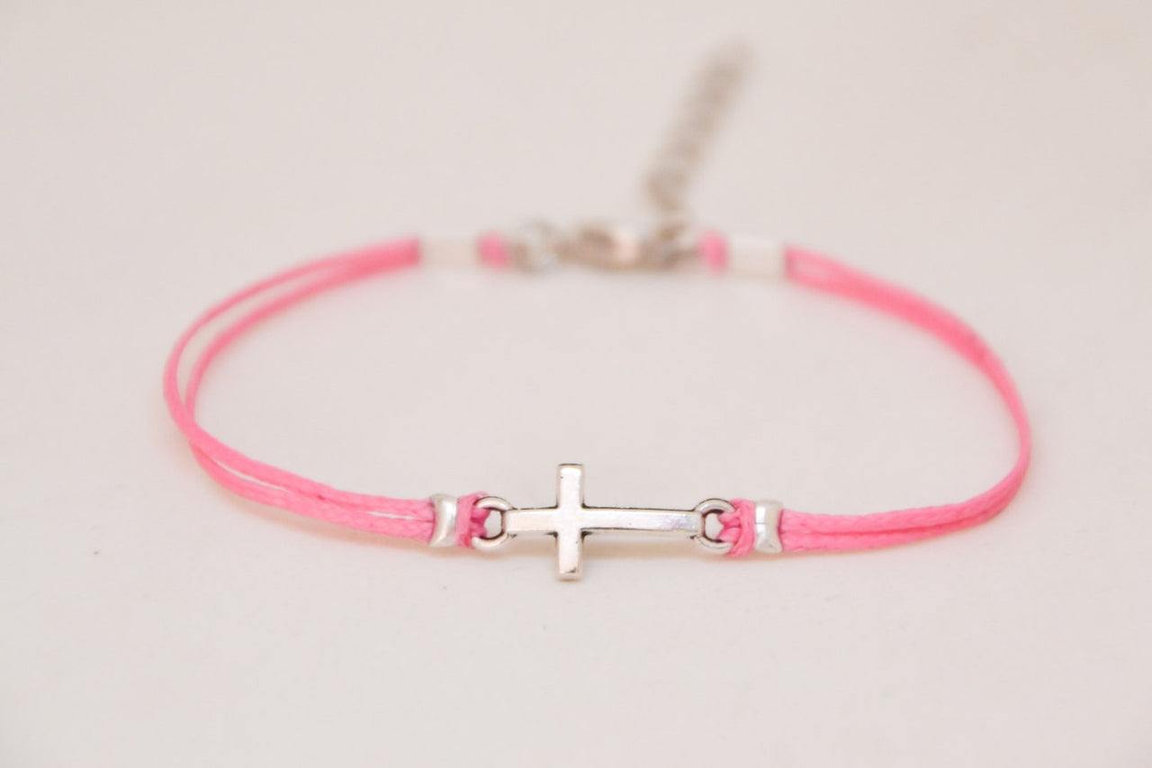 Women bracelet with silver cross charm, pink cord - shani-adi-jewerly