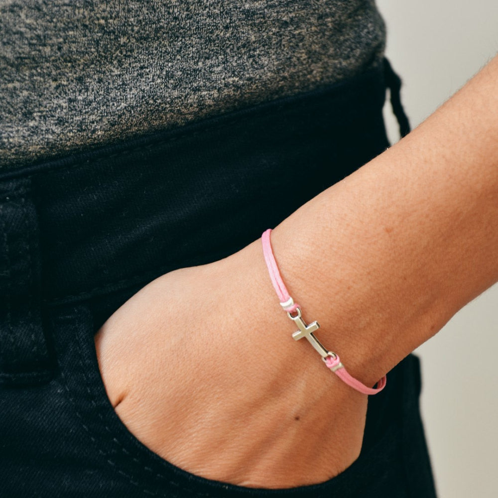 Women bracelet with silver cross charm with pink cord - shani-adi-jewerly