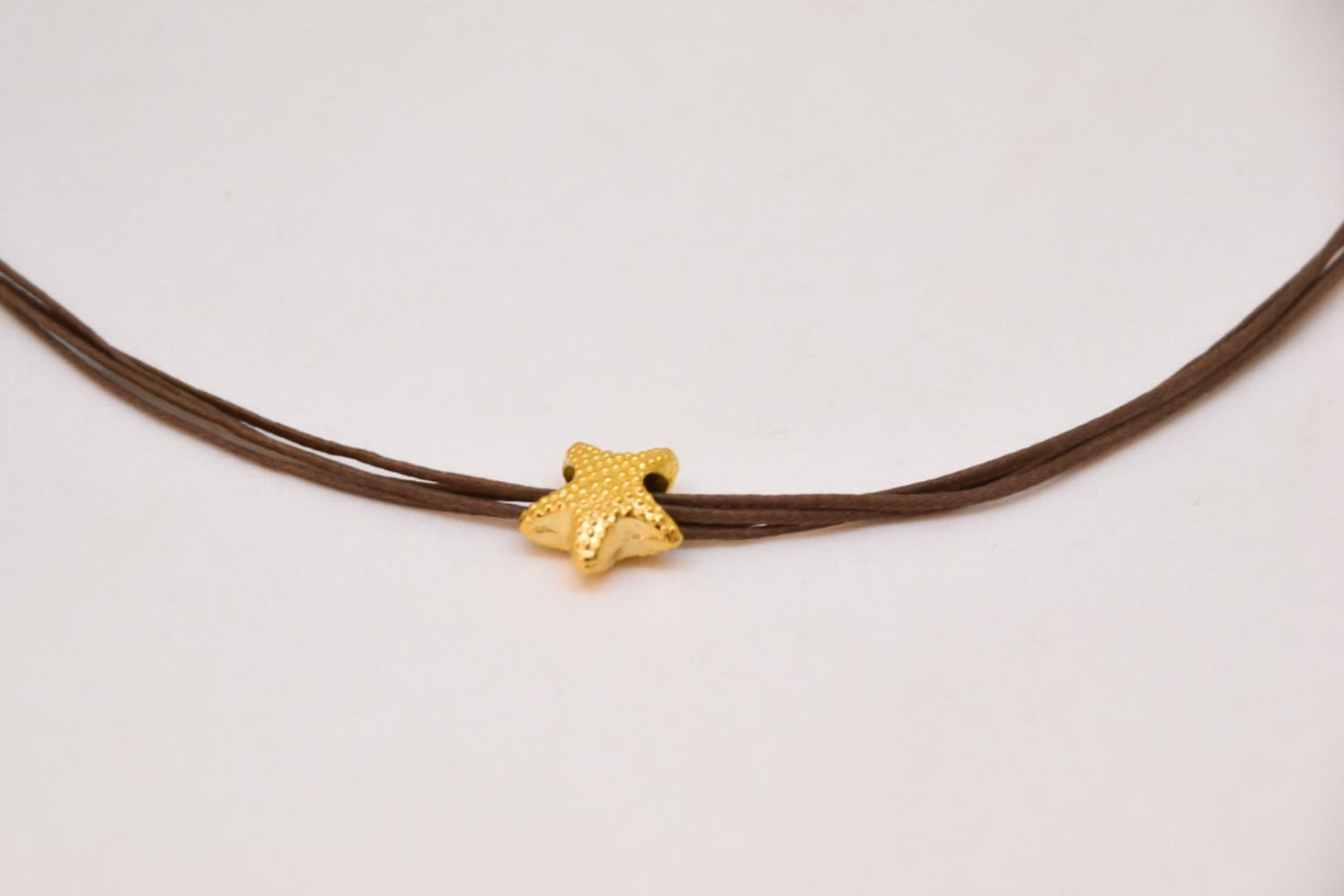 Gold starfish necklace, brown cord - shani-adi-jewerly