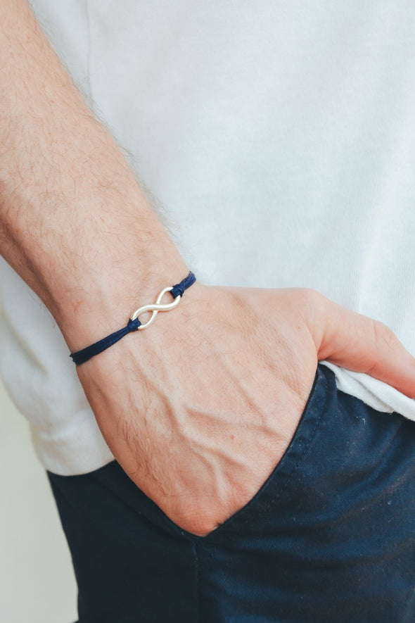 Adjustable silver infinity bracelet for men, blue cord, yoga jewelry - shani-adi-jewerly