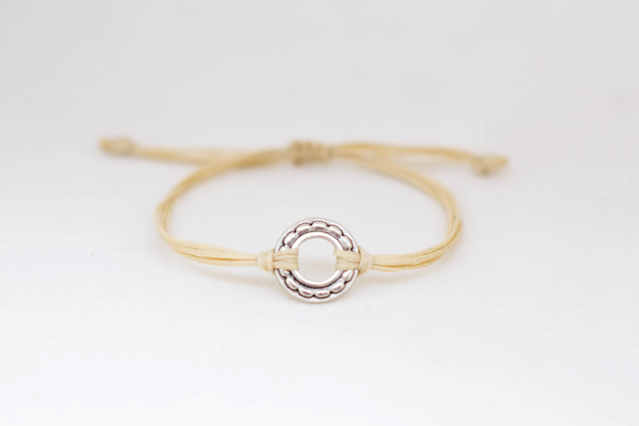 Adjustable silver karma circle bracelet for men, beige cord, yoga jewelry - shani-adi-jewerly