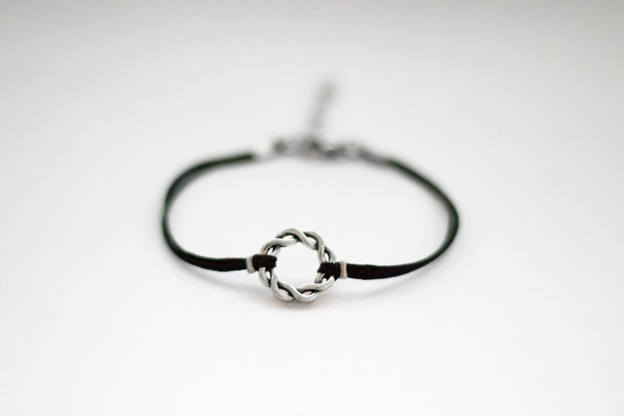 Karma bracelet, silver braided circle charm and black string, yoga jewelry - shani-adi-jewerly