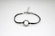 Karma bracelet, silver braided circle charm and black string, yoga jewelry - shani-adi-jewerly